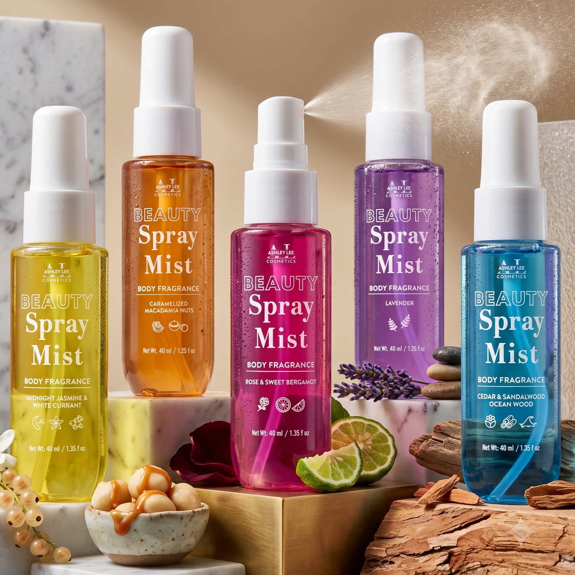 Ashley Lee Cosmetics 5-Pc Body Fragrance Mist Set – Travel Size Scent Layering Body Splash Pack for Women