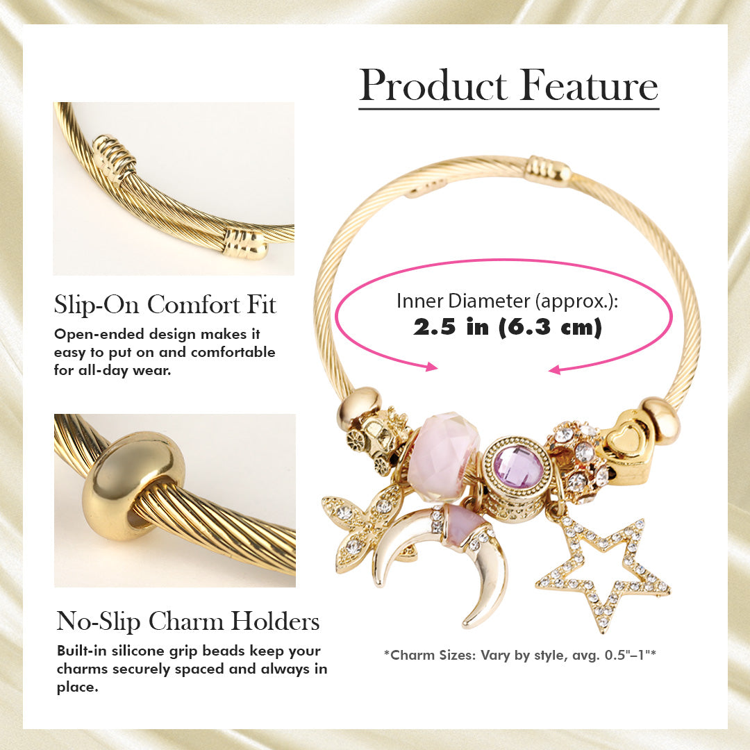 Stainless Steel Charm Bracelet for Women, No Clasp, Cuff Cable Bangle with Dangle Charms Beads