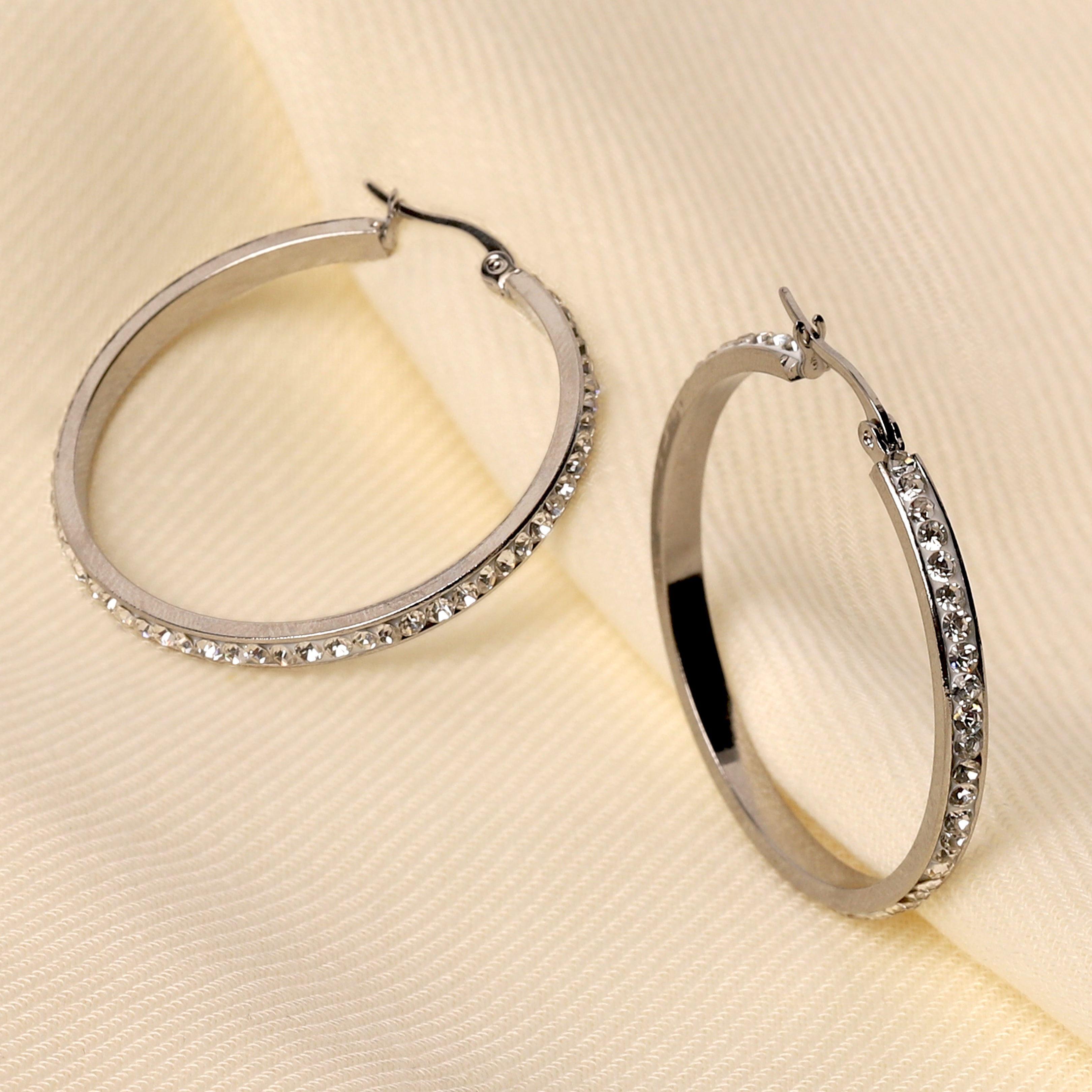 RHINESTONE HOOP EARRINGS 2.25 INCH HOOP EARRINGS DOUBLE PAVED SILVER TONE  HOOPS | eBay