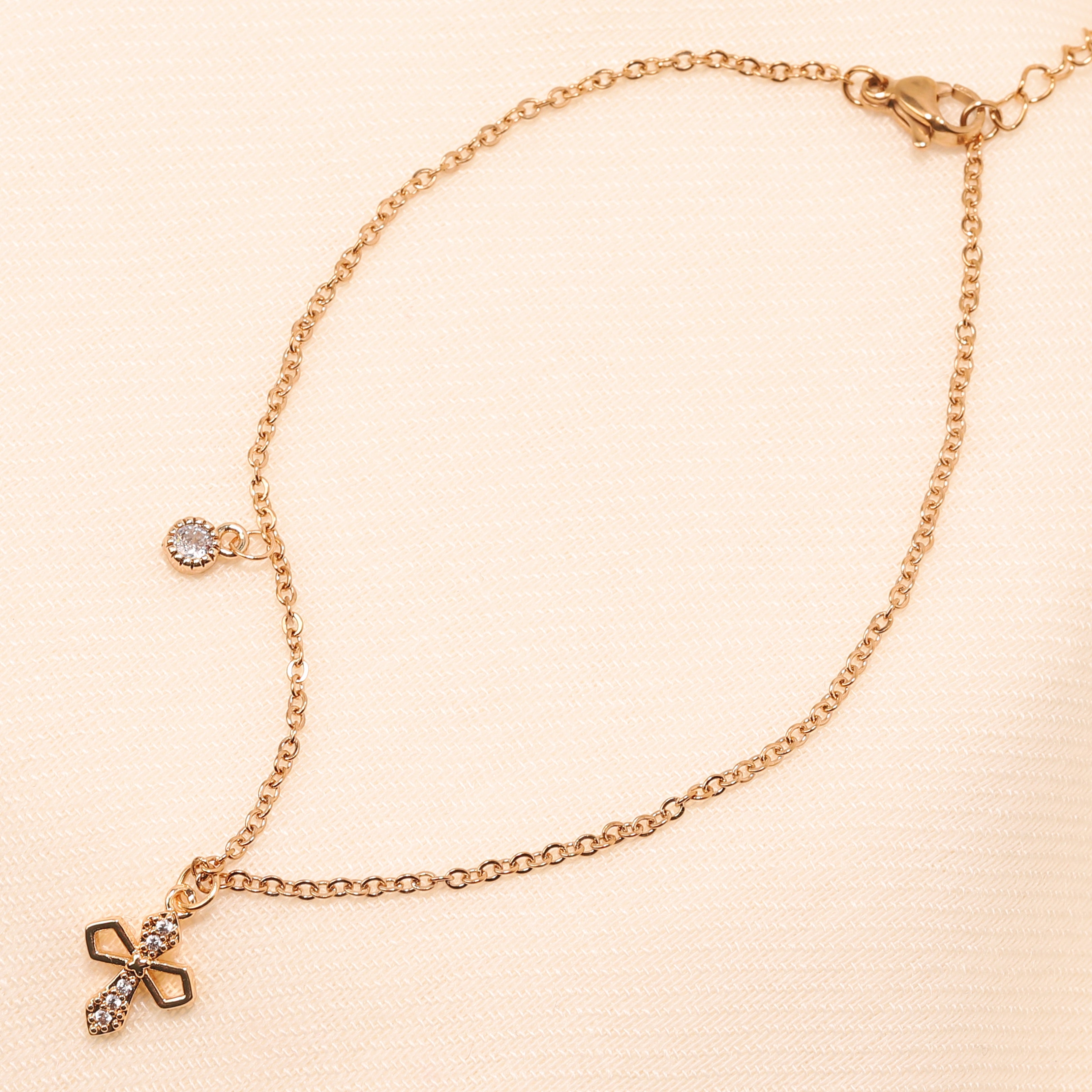 Cross & Stone Charm Anklet