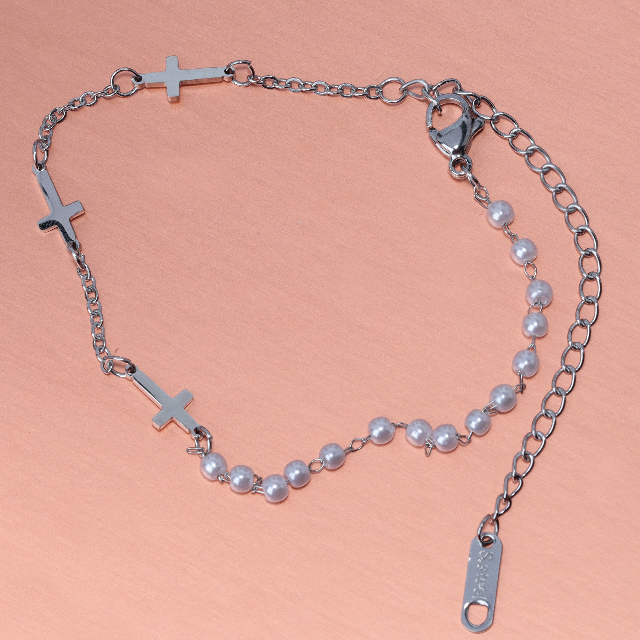 Cross & Faux Pearl Chain Bracelet