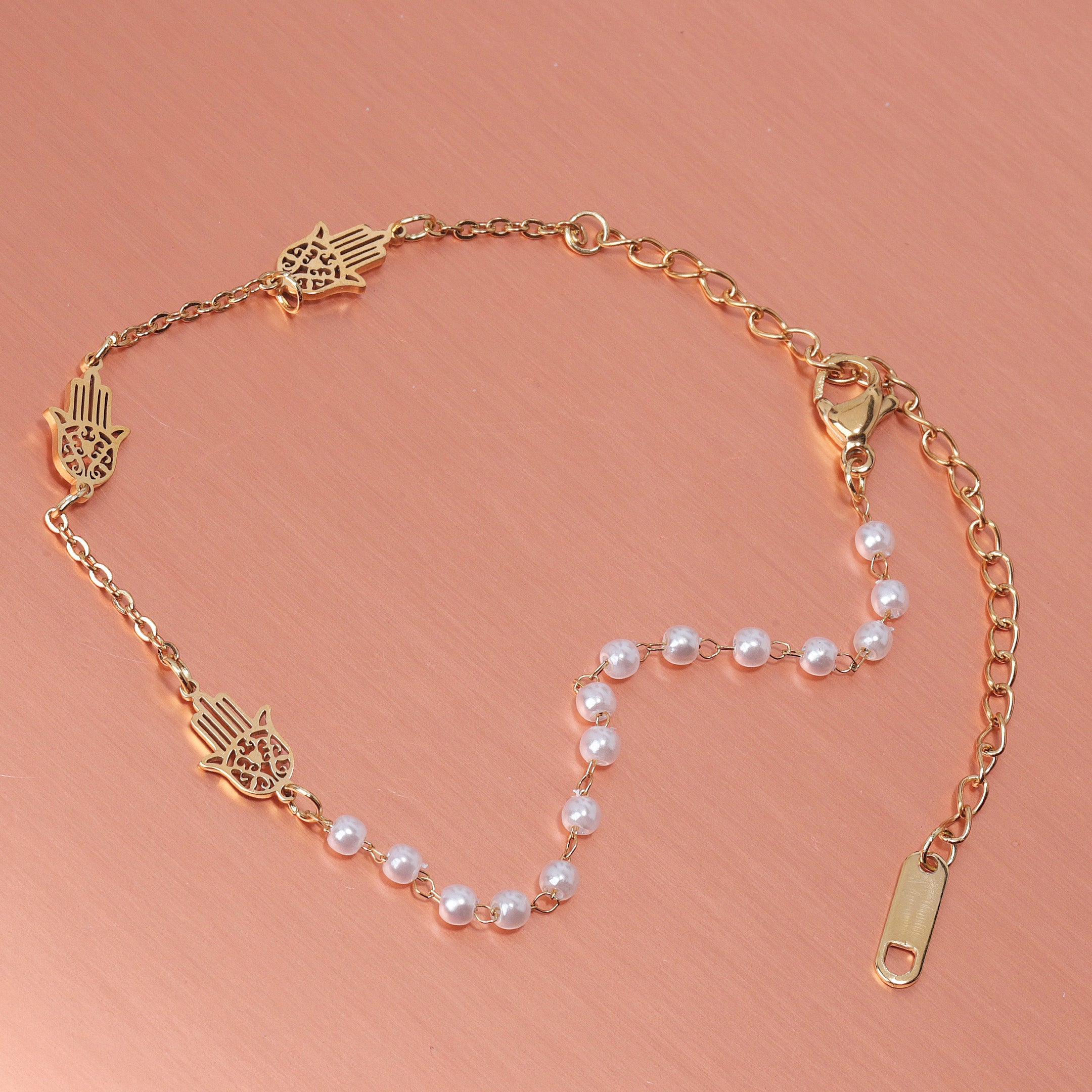 Hamsa Hand & Faux Pearl Chain Bracelet
