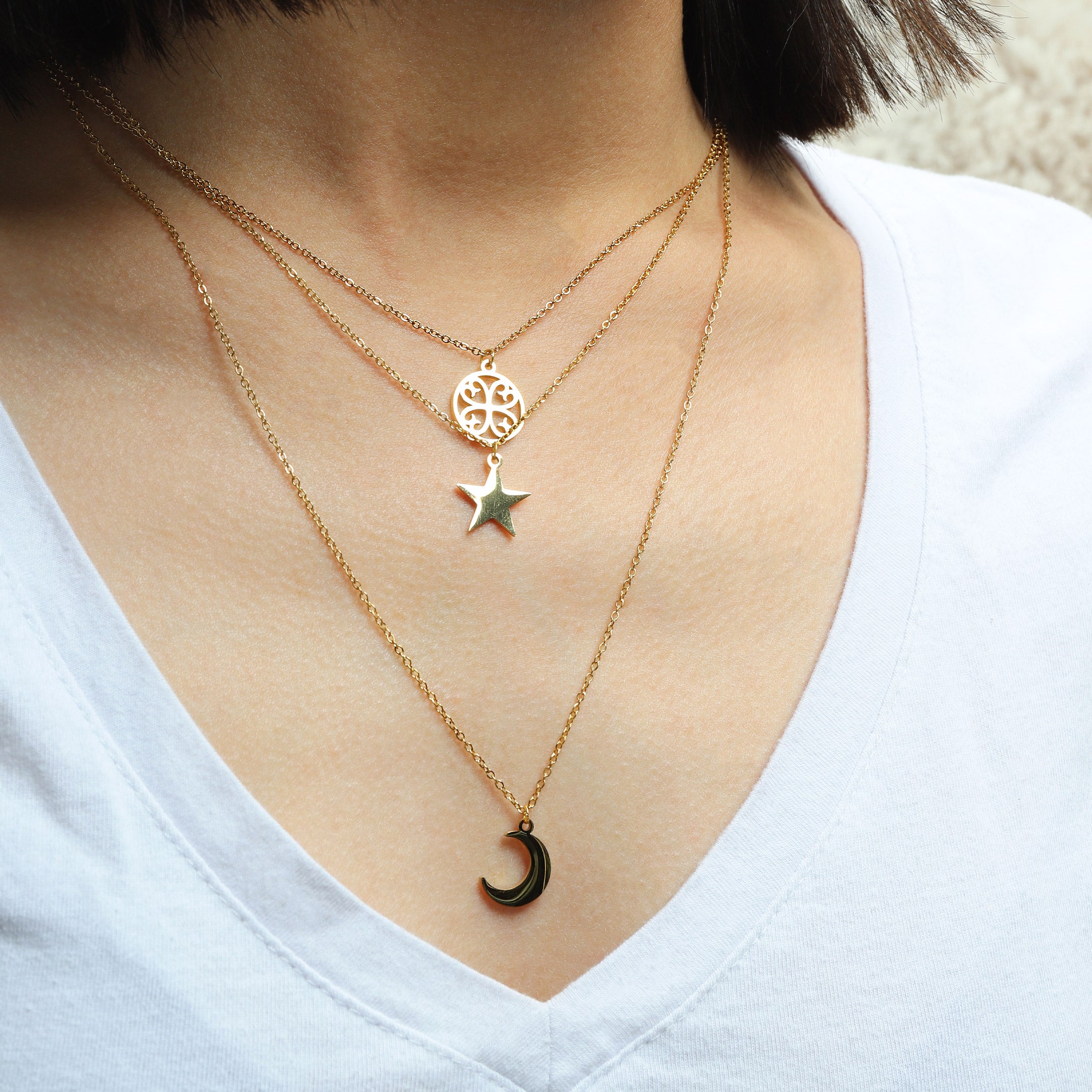 Moon & Star Charm Layered Necklace