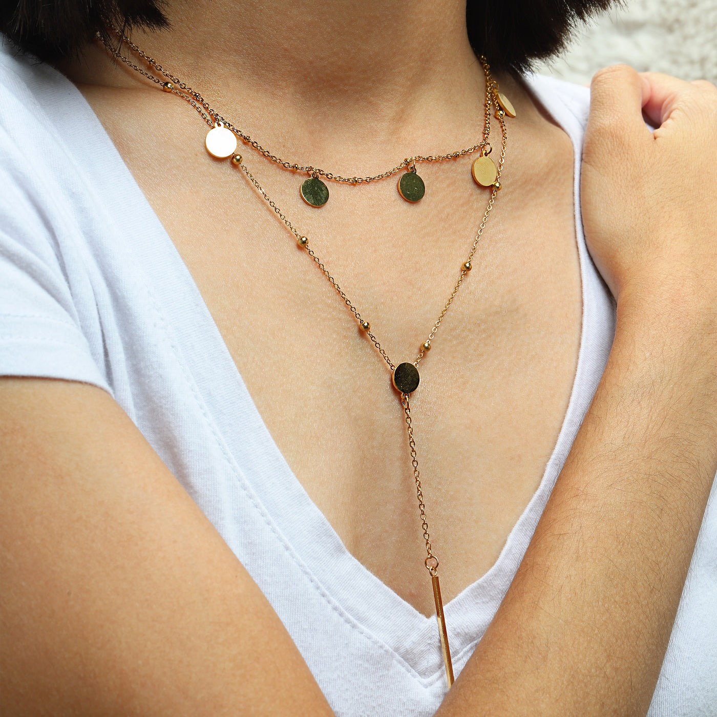 Pillar Bar & Disc Charm Layered Necklace