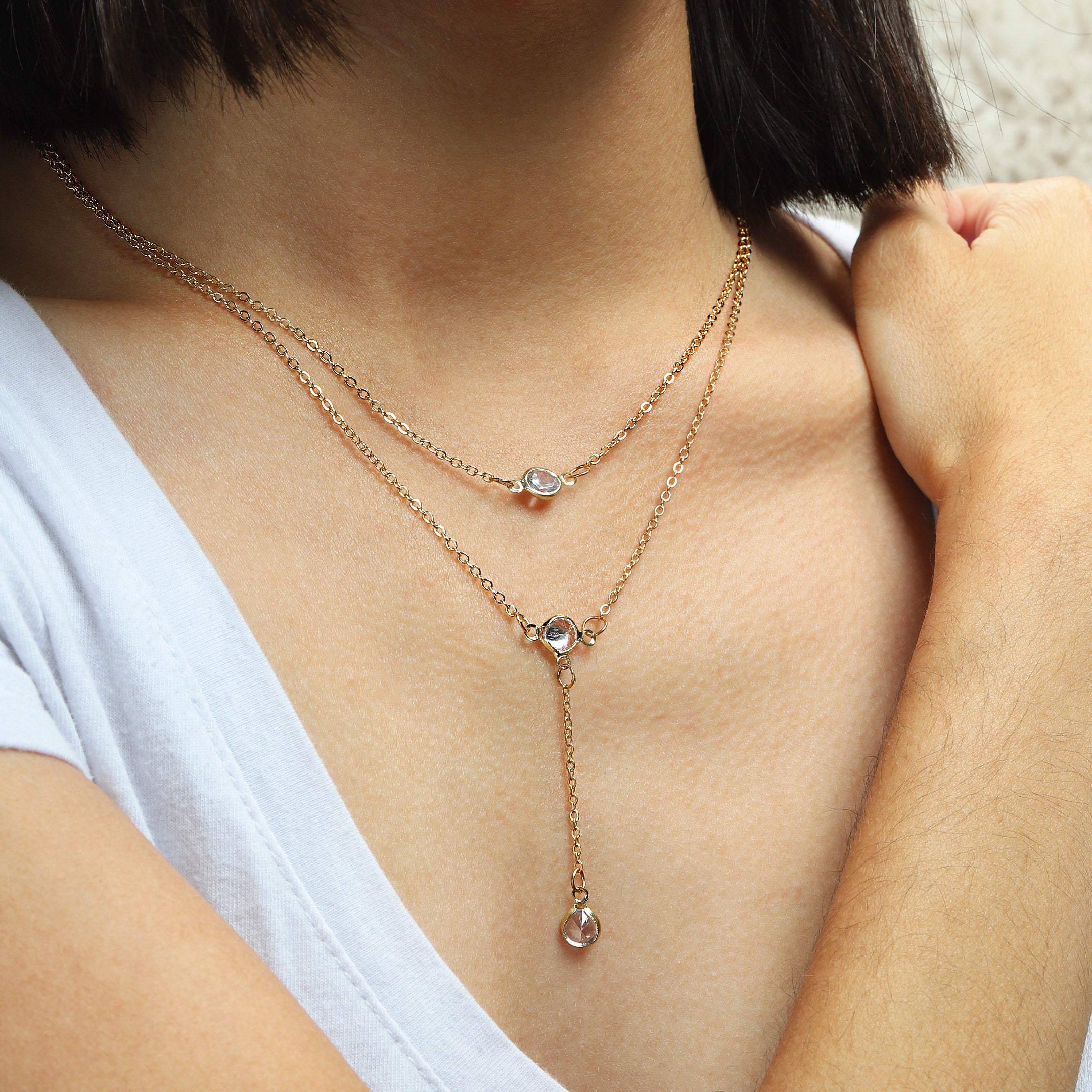 Zircon Lariat Charm Layered Necklace